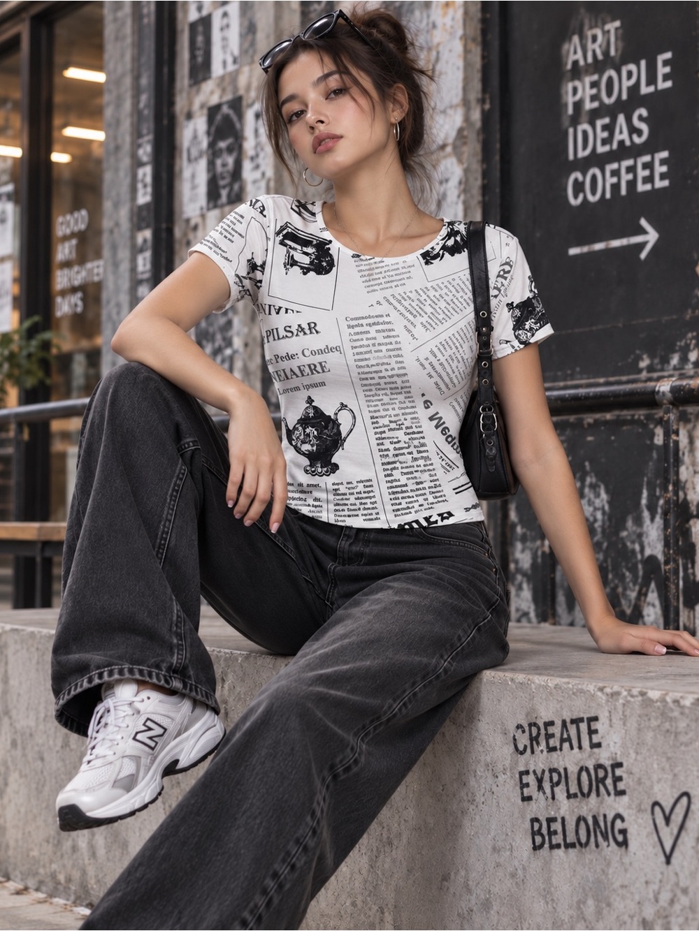 Just Polly New York Newspaper Print Short Sleeve T-Shirt Size L